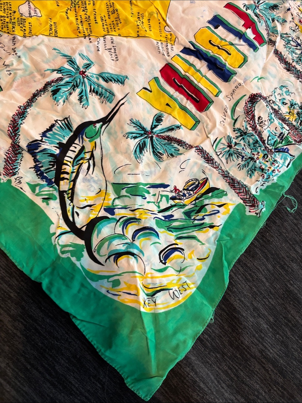 Vintage Delta Air Lines Florida Print Green Border Silk Scarf - Picture 10 of 17